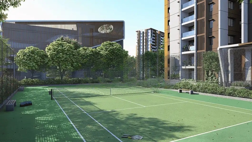 DSR The Address sports zone layout — Olympic size pool, tennis courts, and basketball arena